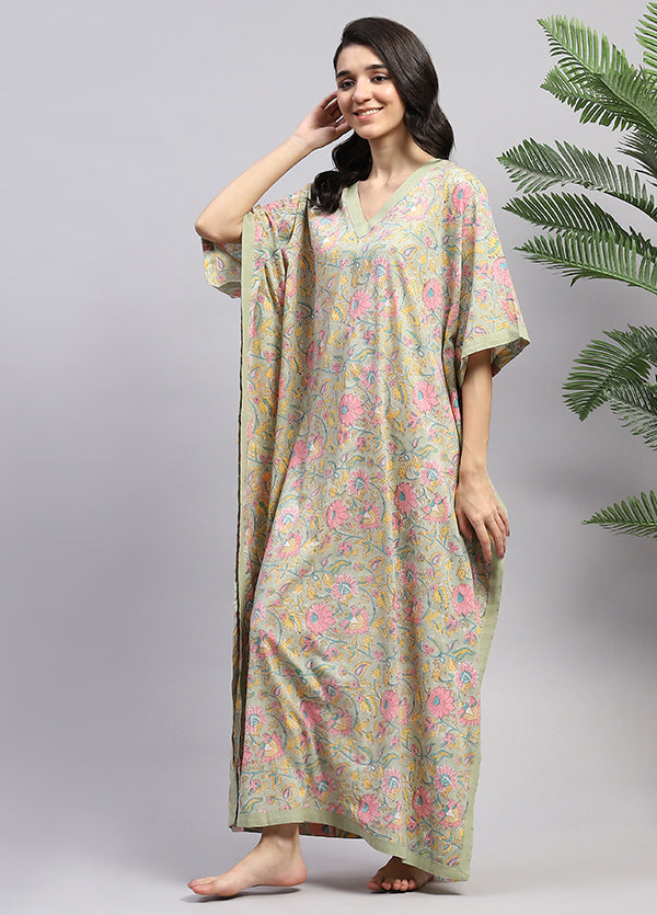 Soft Green Pink Floral Hand Block Printed Tie-Up Waist Cotton Kaftan