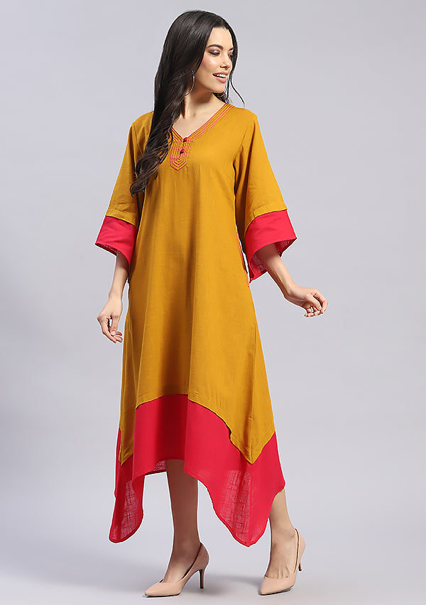 Mustard and Fuschia Layered Side Tail Cotton Dress