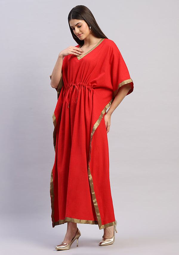Red Cotton Kaftan with Gold Trimmings