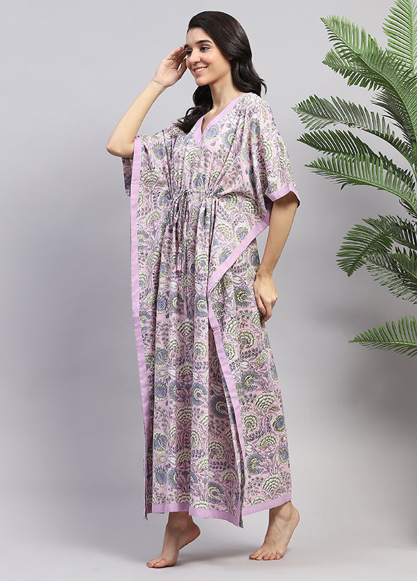 Mauve Pink Floral Hand Block Printed Tie-Up Waist Cotton Kaftan