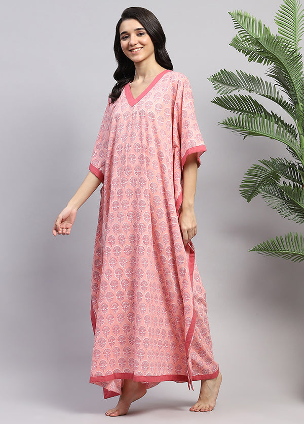Peach Pink Floral Hand Block Printed Tie-Up Waist Cotton Kaftan