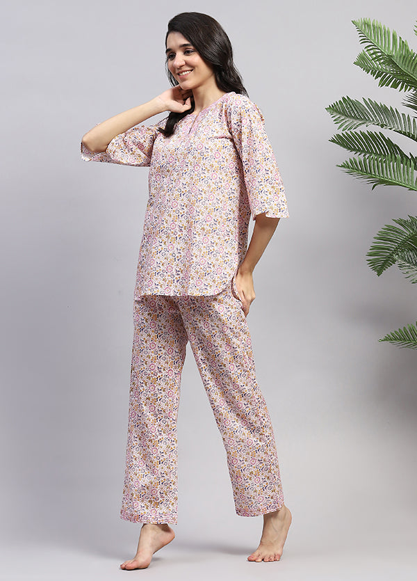 White Multicolor Floral Hand Block Printed Cotton Night Suit