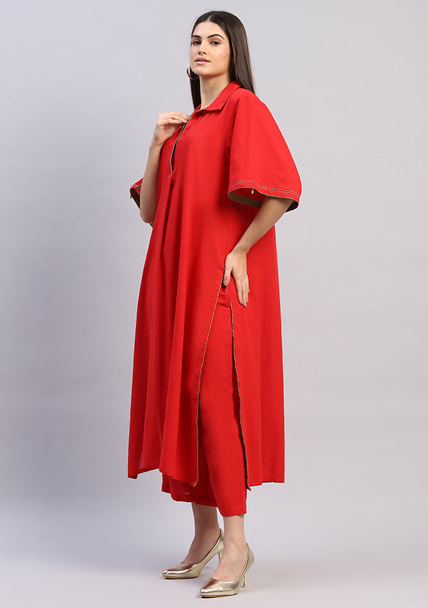 Red Collared Co-ord Set with Bronze Trimmings Paired With Pants