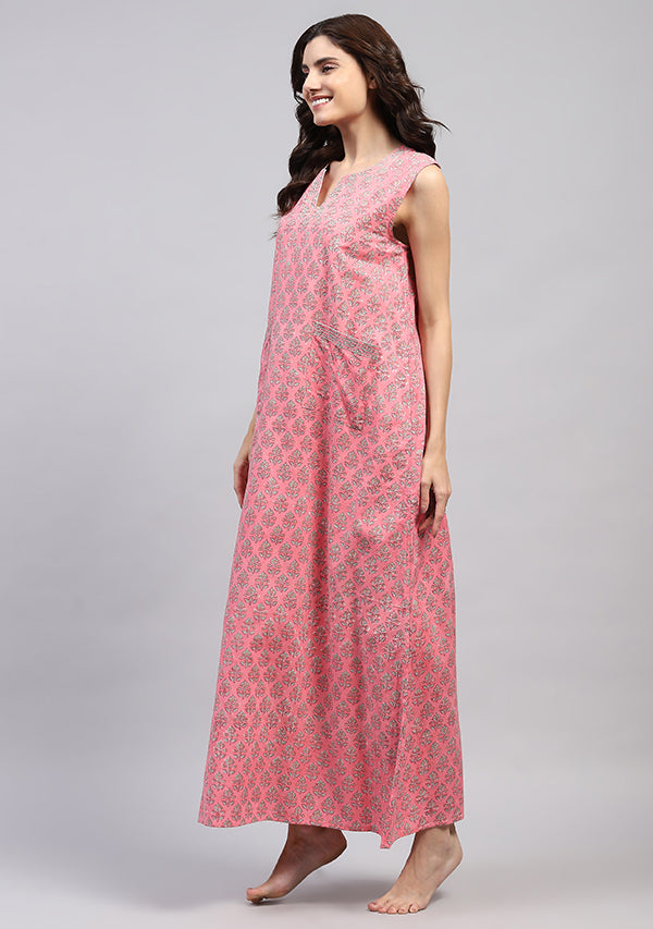 Pink Aqua Hand Block Printed Flower Motif Sleeveless Nighty with Pocket Detail
