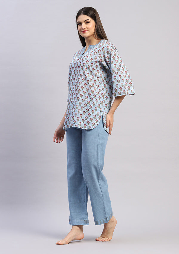 Smoke Blue Maroon Floral Hand Block Printed Cotton Night Suit