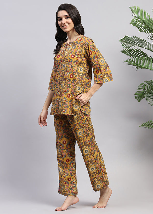 Mustard Multicolour Floral Hand Block Printed Cotton Night Suit