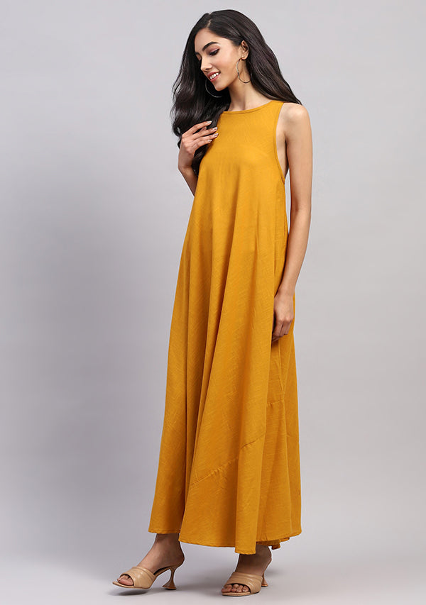 Mustard Sleeveless A-Line Long Cotton Dress