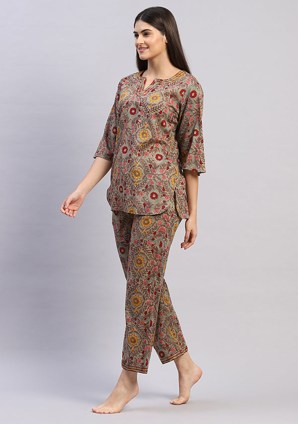 Aqua Multicolored Floral Hand Block Printed Mulmul Night Suit