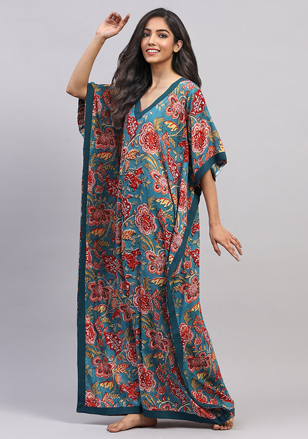 Teal Red Floral Hand Block Printed Tie-Up Waist Cotton Kaftan