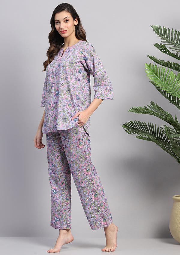 Mauve Pink Floral Hand Block Printed Cotton Night Suit