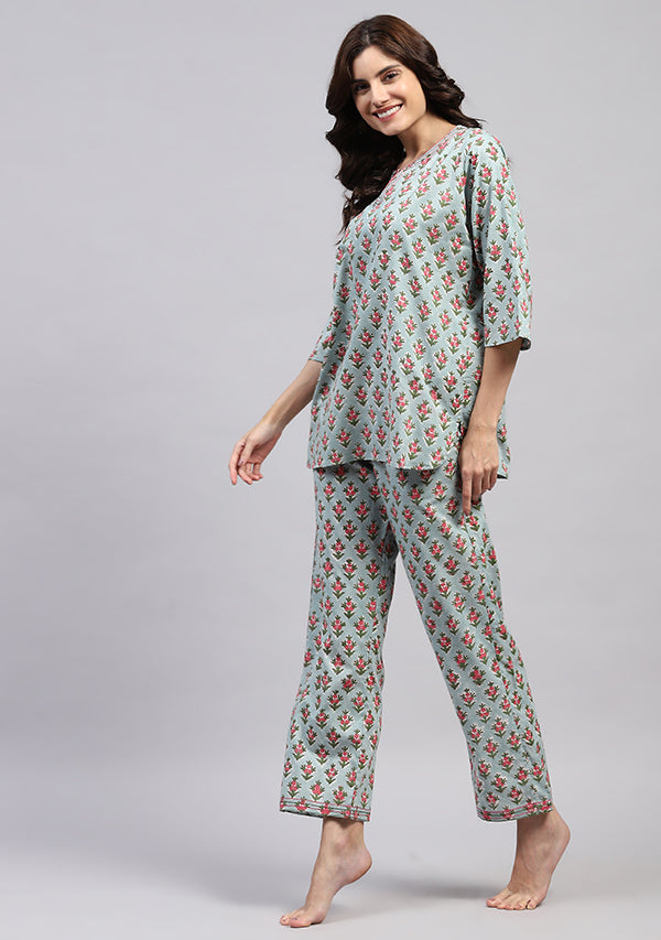 Blue Pink Floral Hand Block Printed Cotton Night Suit with Trimmings
