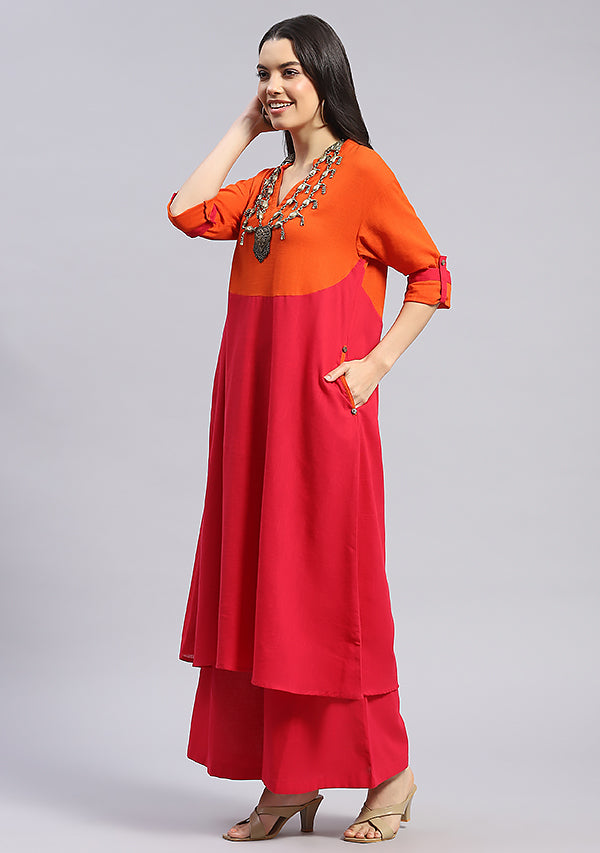 Fuchsia Cotton Co-ord Set with Orange Yoke and Trimmings