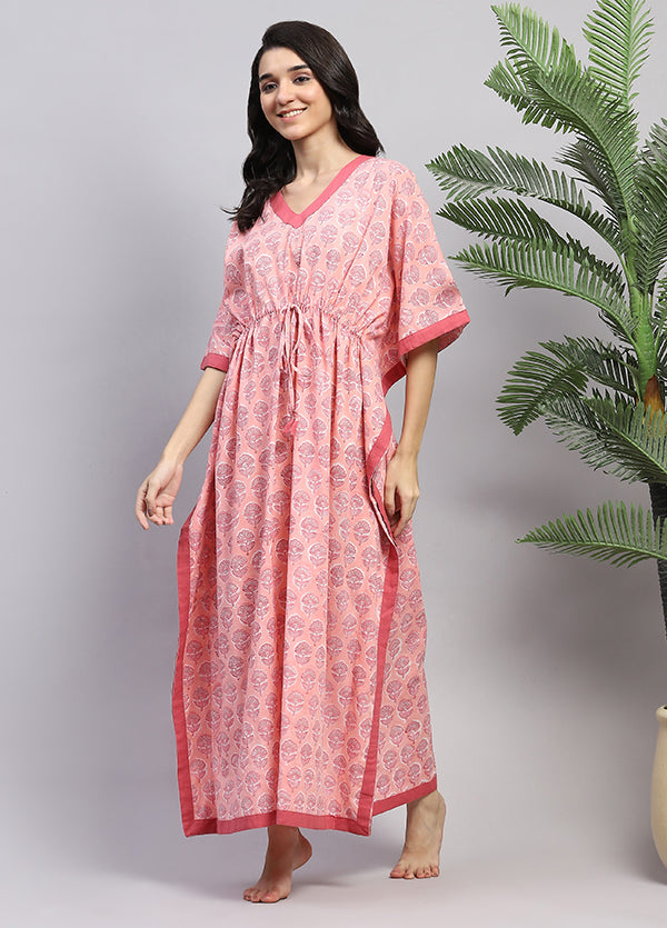 Peach Pink Floral Hand Block Printed Tie-Up Waist Cotton Kaftan