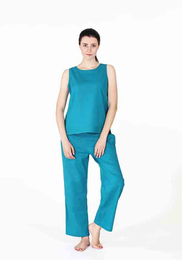 Turquoise Cotton Yoga Wear With Sleeves