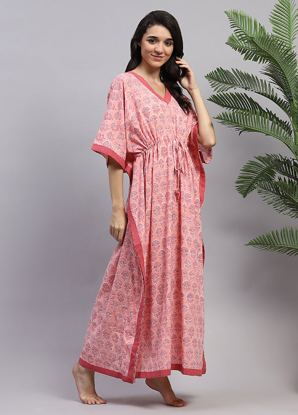 Peach Pink Floral Hand Block Printed Tie-Up Waist Cotton Kaftan
