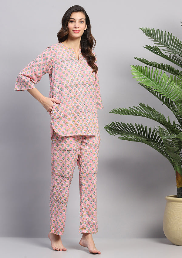 Pink Yellow Floral Hand Block Printed Cotton Night Suit