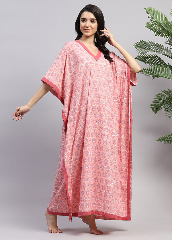 Peach Pink Floral Hand Block Printed Tie-Up Waist Cotton Kaftan
