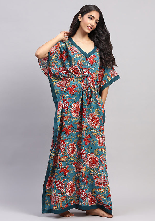 Teal Red Floral Hand Block Printed Tie-Up Waist Cotton Kaftan