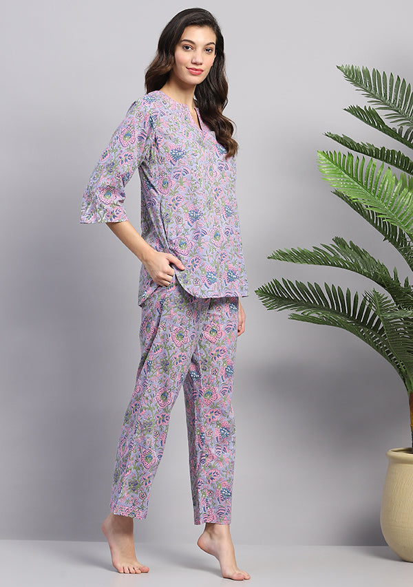 Mauve Pink Floral Hand Block Printed Cotton Night Suit