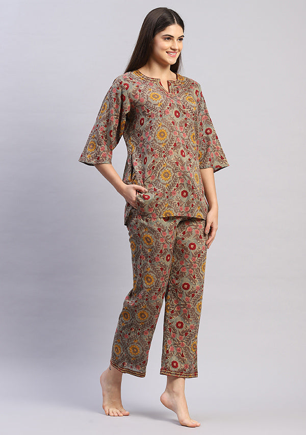 Aqua Multicolored Floral Hand Block Printed Mulmul Night Suit