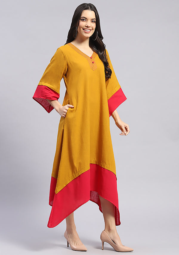 Mustard and Fuschia Layered Side Tail Cotton Dress