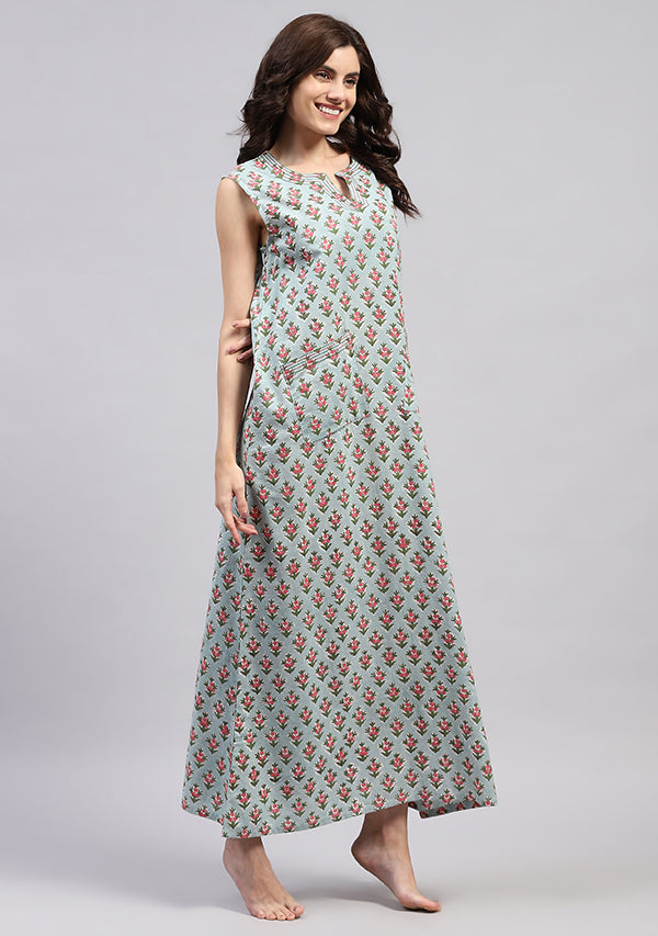 Blue Green Hand Block Printed Flower Motif Sleeveless Nighty with Pocket Detail