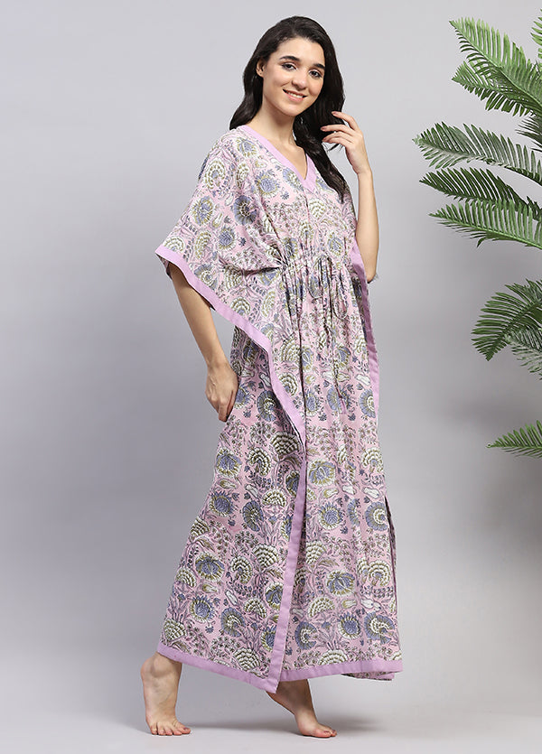 Mauve Pink Floral Hand Block Printed Tie-Up Waist Cotton Kaftan