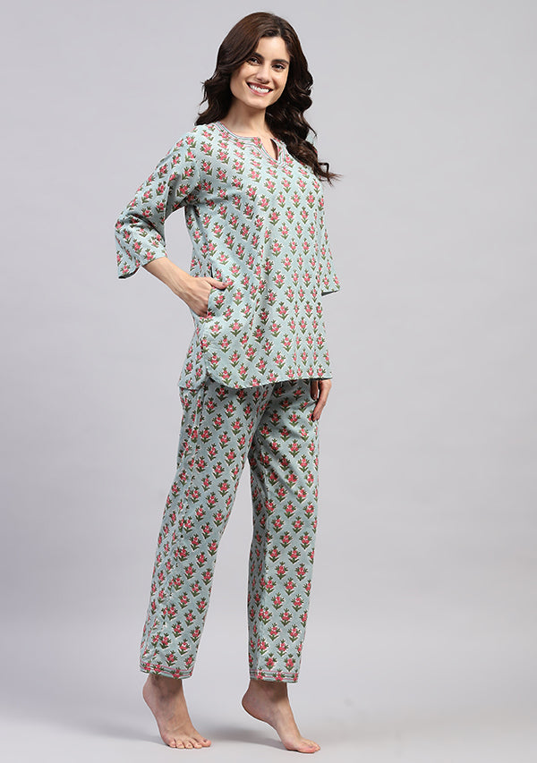 Blue Pink Floral Hand Block Printed Cotton Night Suit with Trimmings