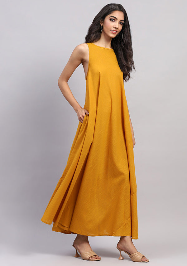 Mustard Sleeveless A-Line Long Cotton Dress