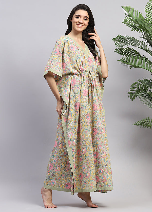 Soft Green Pink Floral Hand Block Printed Tie-Up Waist Cotton Kaftan