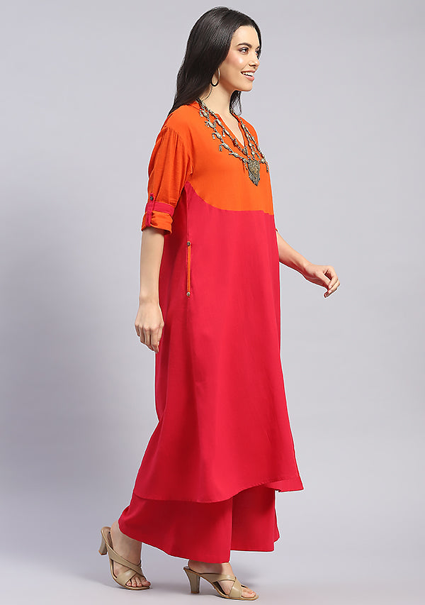 Fuchsia Cotton Co-ord Set with Orange Yoke and Trimmings