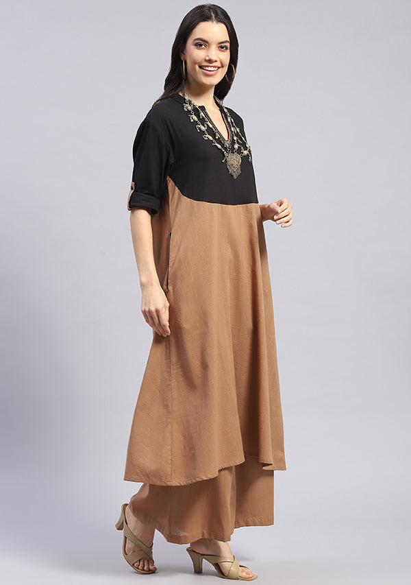 Brown Cotton Co-ord Set with Black Yoke and Golden Trimmings