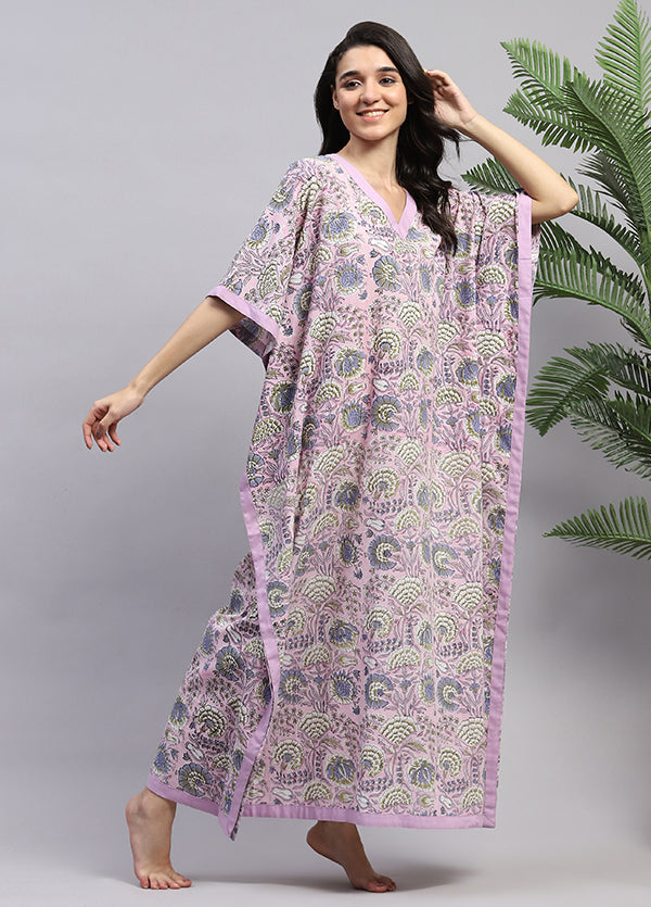 Mauve Pink Floral Hand Block Printed Tie-Up Waist Cotton Kaftan