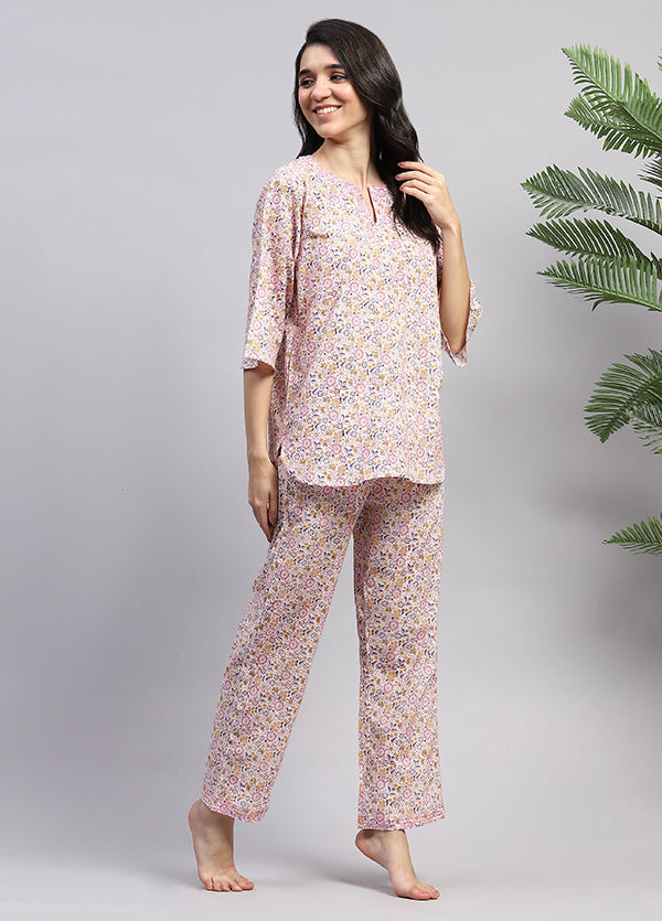 White Multicolor Floral Hand Block Printed Cotton Night Suit