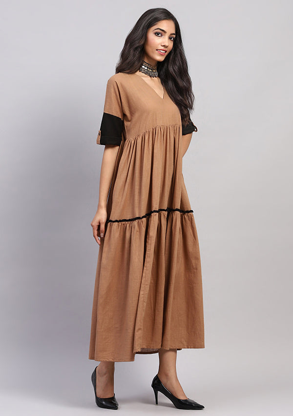 Brown Cotton Dress With Gathers and Contrast Black Trimmings