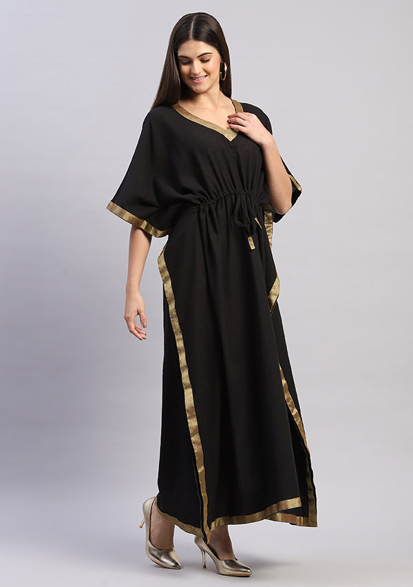 Black Cotton Kaftan with Gold Tissue Timmings