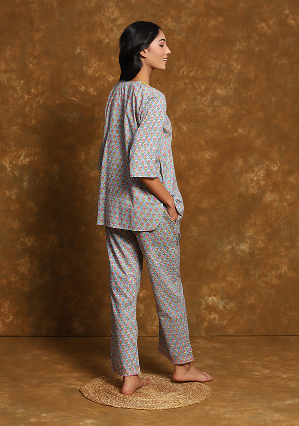 Sky Blue Pink Flower Motif Hand Block Printed Cotton Night Suit with Gold Trimmings