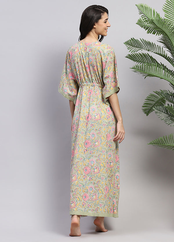 Soft Green Pink Floral Hand Block Printed Tie-Up Waist Cotton Kaftan