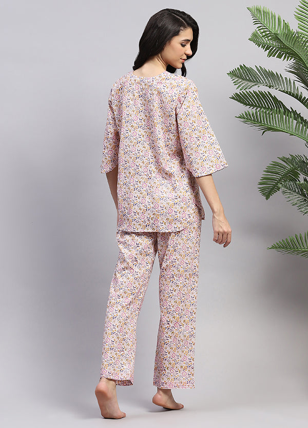 White Multicolor Floral Hand Block Printed Cotton Night Suit
