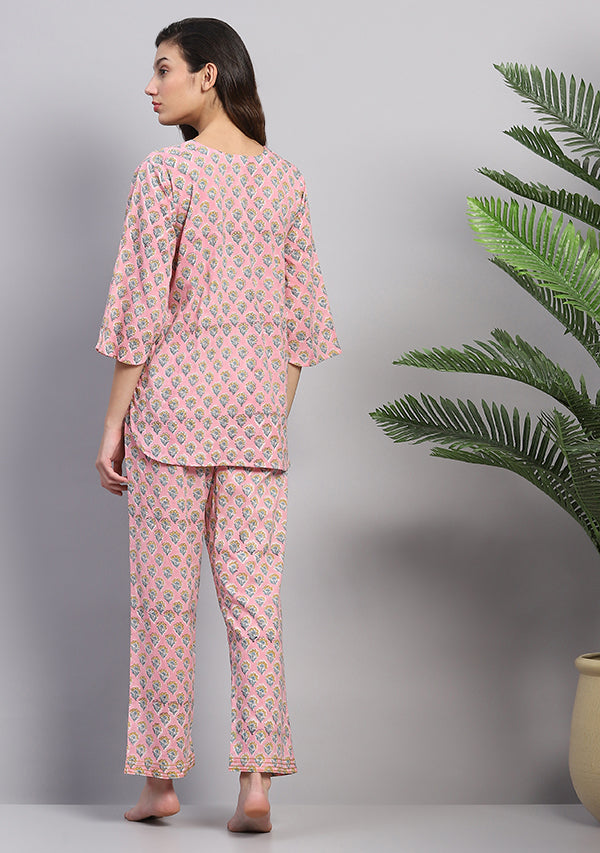 Pink Yellow Floral Hand Block Printed Cotton Night Suit