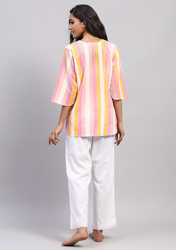 Pink White Multicolor Striped Hand Block Printed Cotton Night Suit