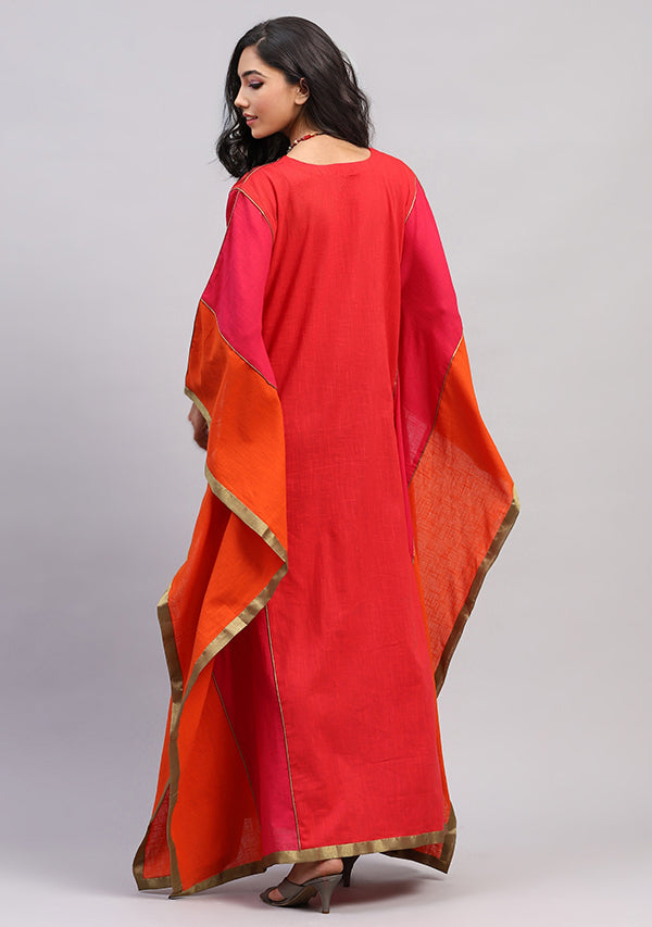 Flowy Flame Colour Kaftan With Bronze Tissue Trimmings