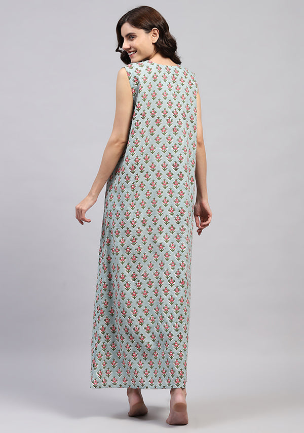 Blue Green Hand Block Printed Flower Motif Sleeveless Nighty with Pocket Detail