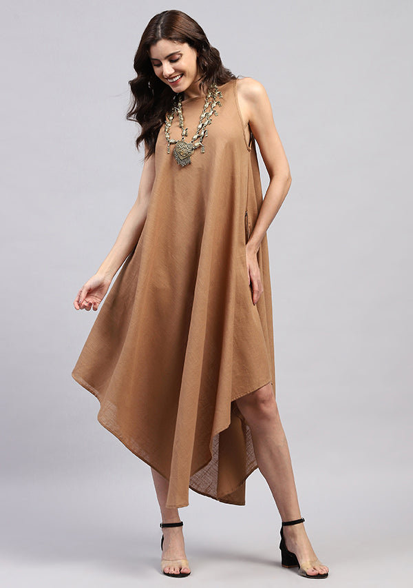 Brown Sleeveless Aymmetric Cotton Dress