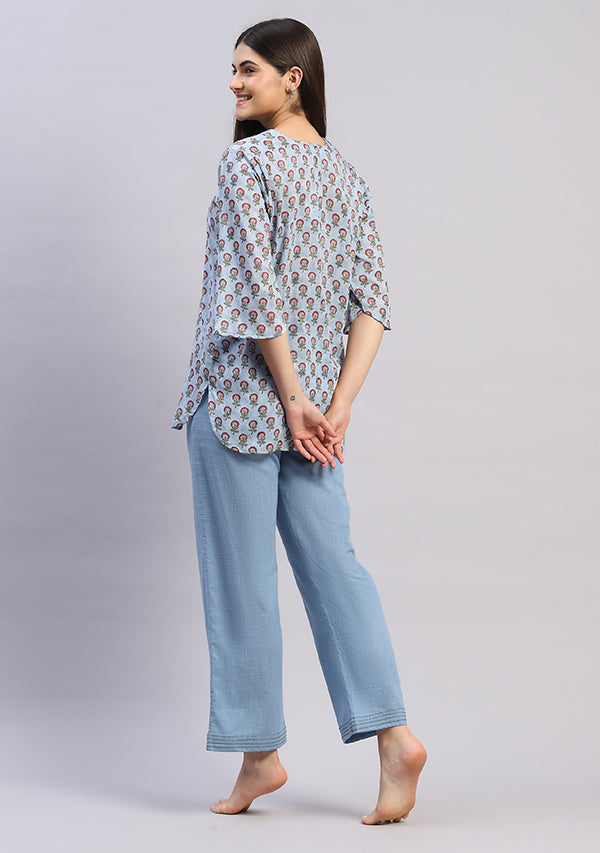 Smoke Blue Maroon Floral Hand Block Printed Cotton Night Suit