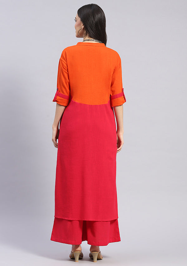 Fuchsia Cotton Co-ord Set with Orange Yoke and Trimmings