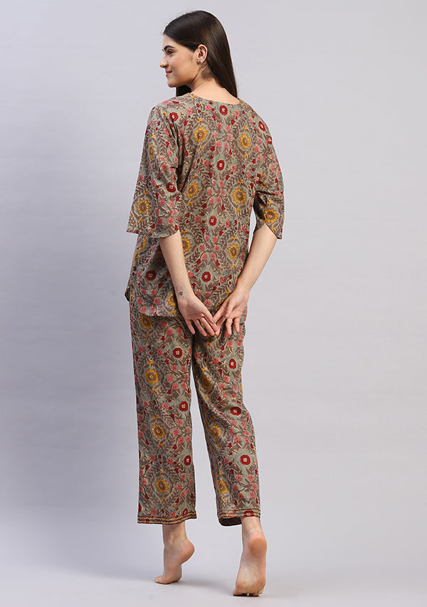 Aqua Multicolored Floral Hand Block Printed Mulmul Night Suit