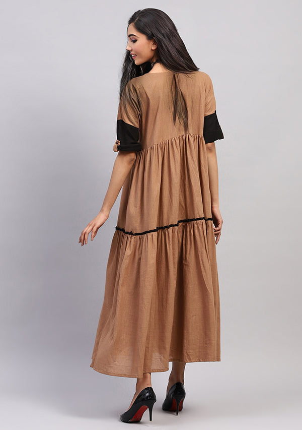 Brown Cotton Dress With Gathers and Contrast Black Trimmings