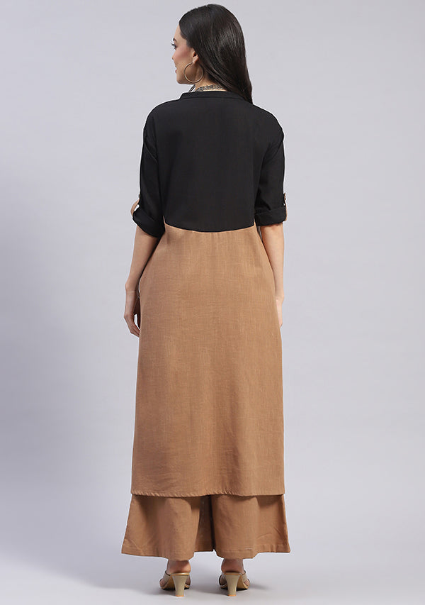 Brown Cotton Co-ord Set with Black Yoke and Golden Trimmings
