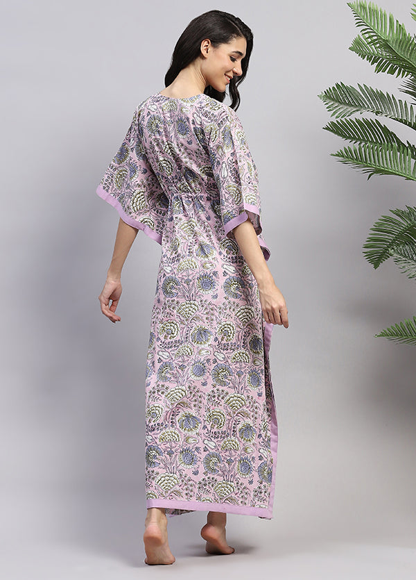 Mauve Pink Floral Hand Block Printed Tie-Up Waist Cotton Kaftan